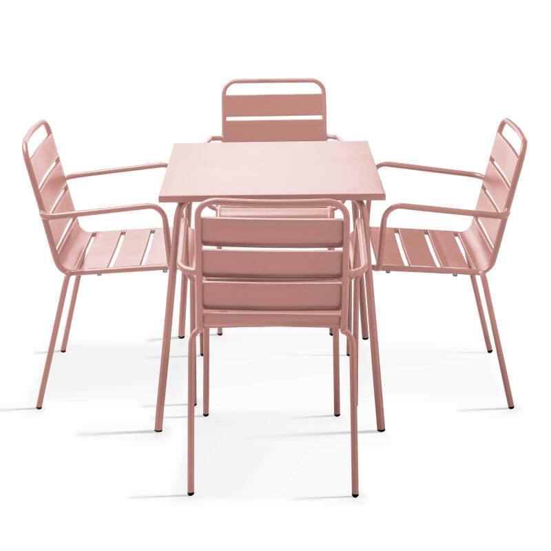 Table de terrasse carrée en métal 70x70 cm et 4 chaises avec accoudoirs