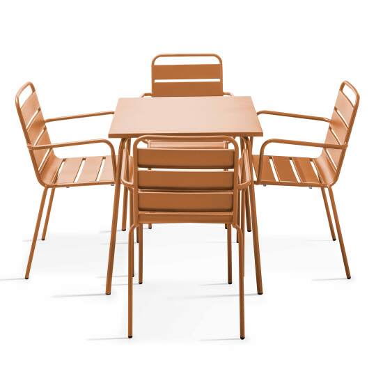 Table de terrasse carrée 70x70 cm + 4 fauteuils en métal | Mobeventpro