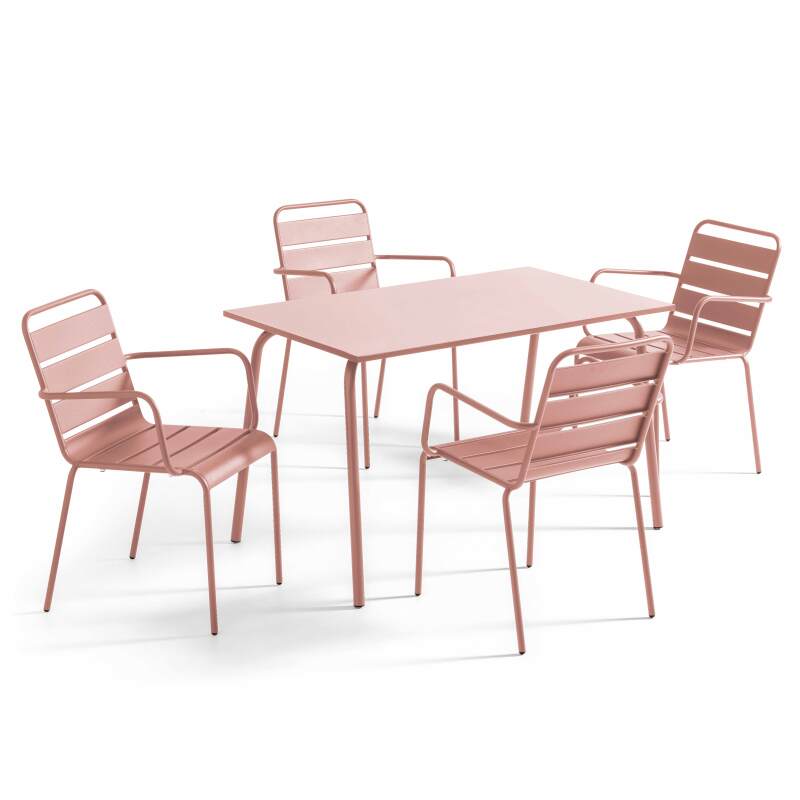 Table de terrasse en métal 120x70 cm et 4 chaises avec accoudoirs