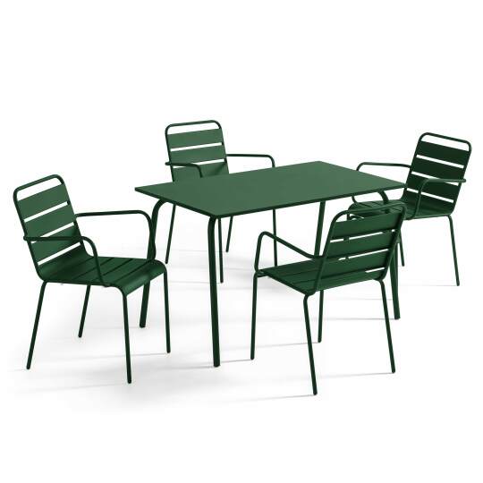 Table de terrasse en métal 120x70 cm et 4 chaises avec accoudoirs | Mobeventpro