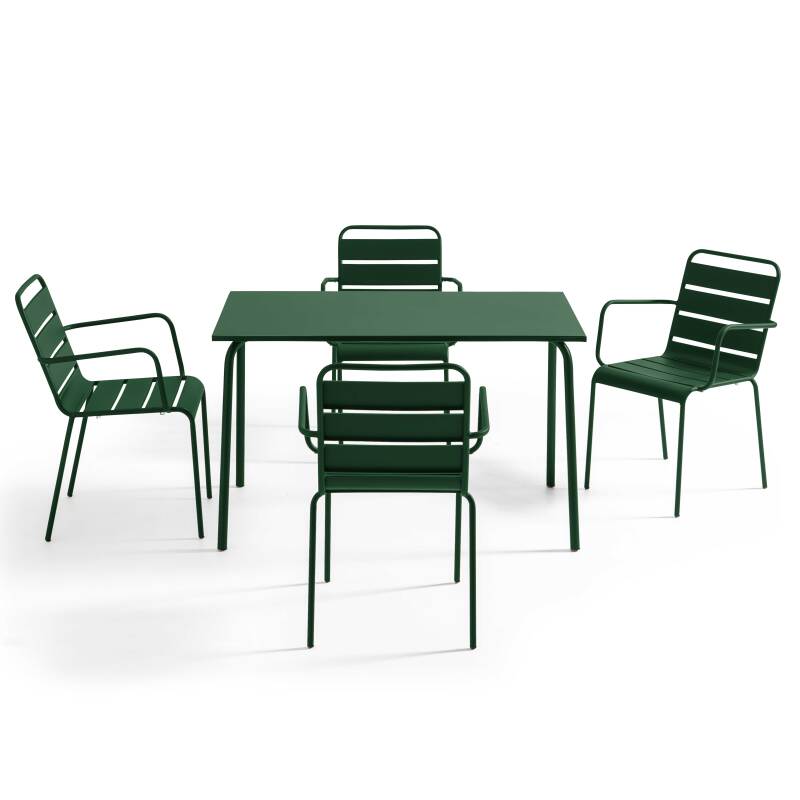 Table de terrasse en métal 120x70 cm et 4 chaises avec accoudoirs