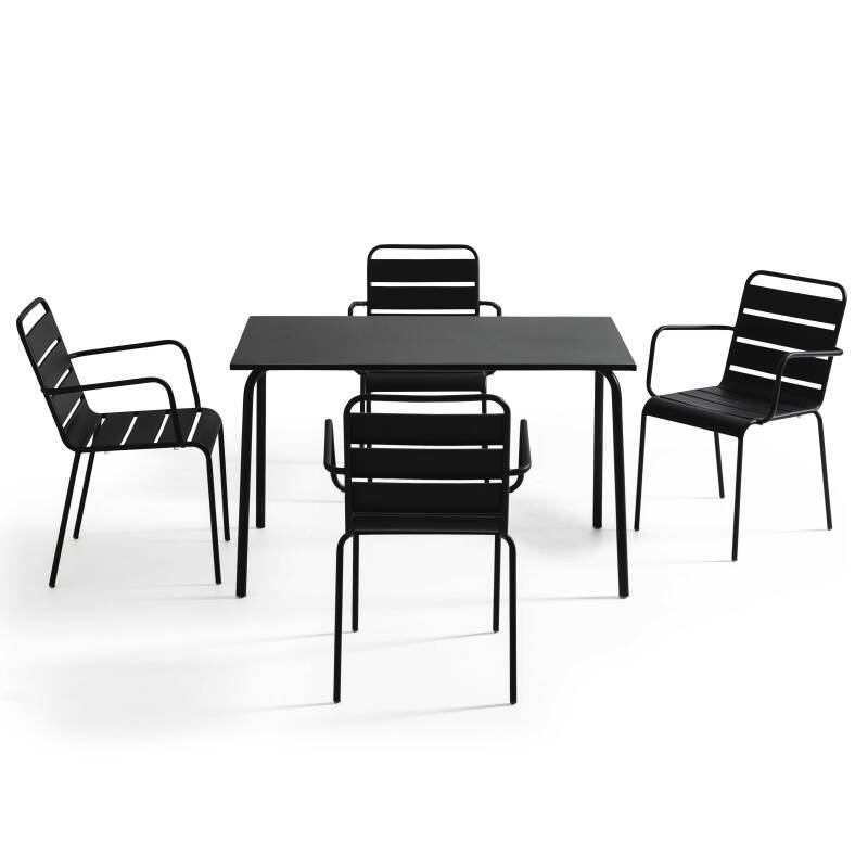 Table de terrasse en métal 120x70 cm et 4 chaises avec accoudoirs