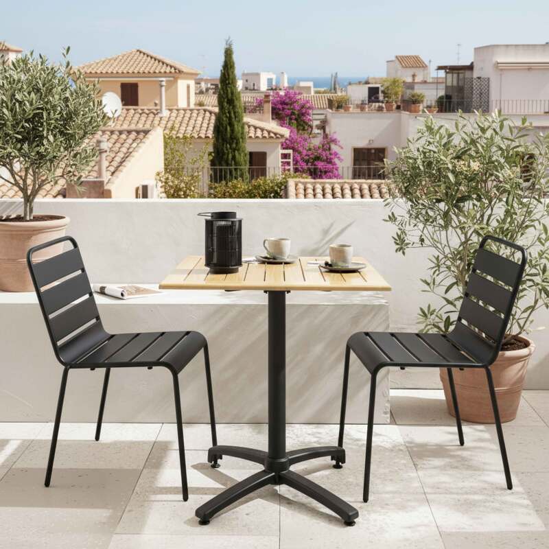 Table de terrasse bistrot carrée en bois 70x70 cm et 2 chaises en métal