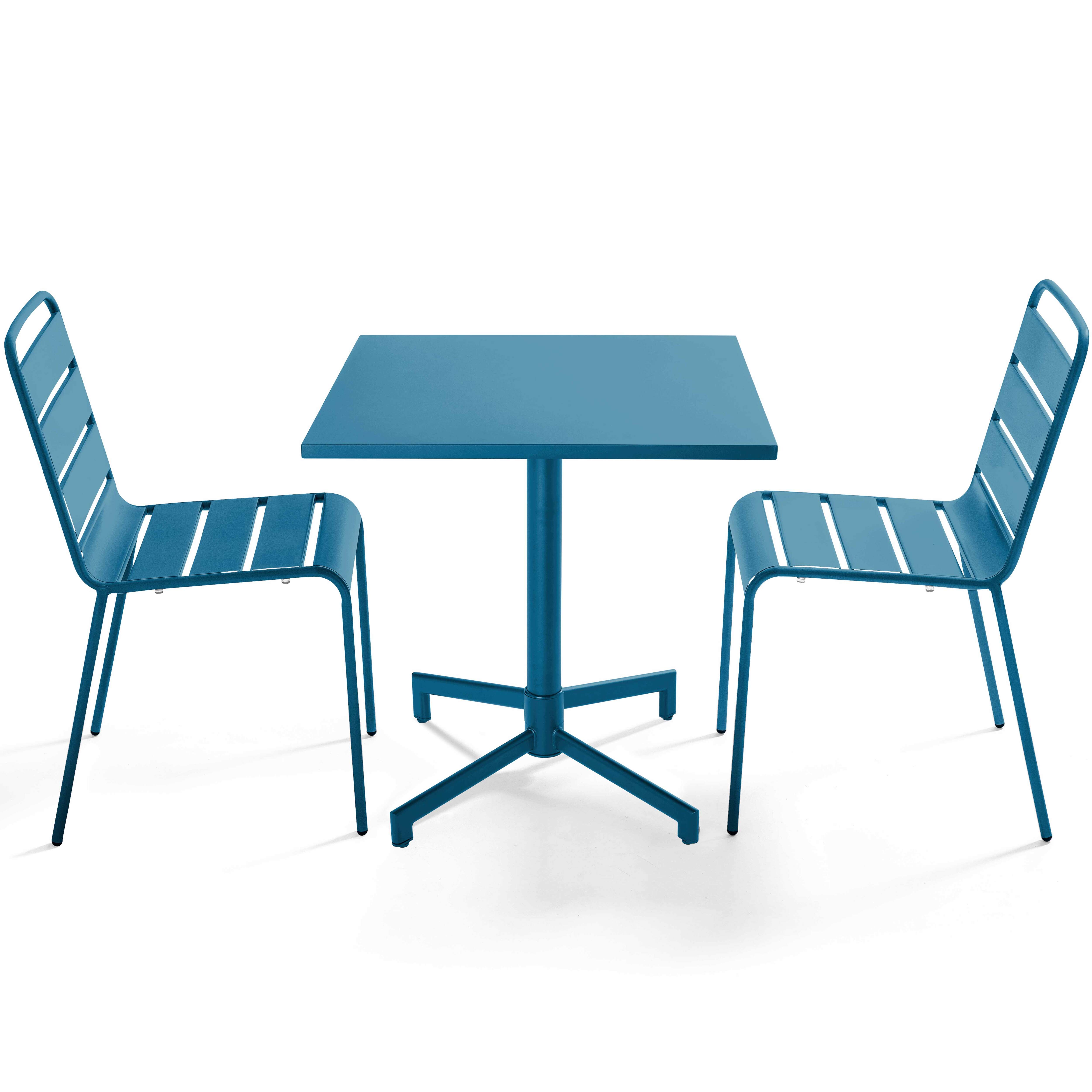 Table de terrasse de restaurant bistrot carré inclinable en métal avec pied encastrable 70x70 cm et 2 chaises