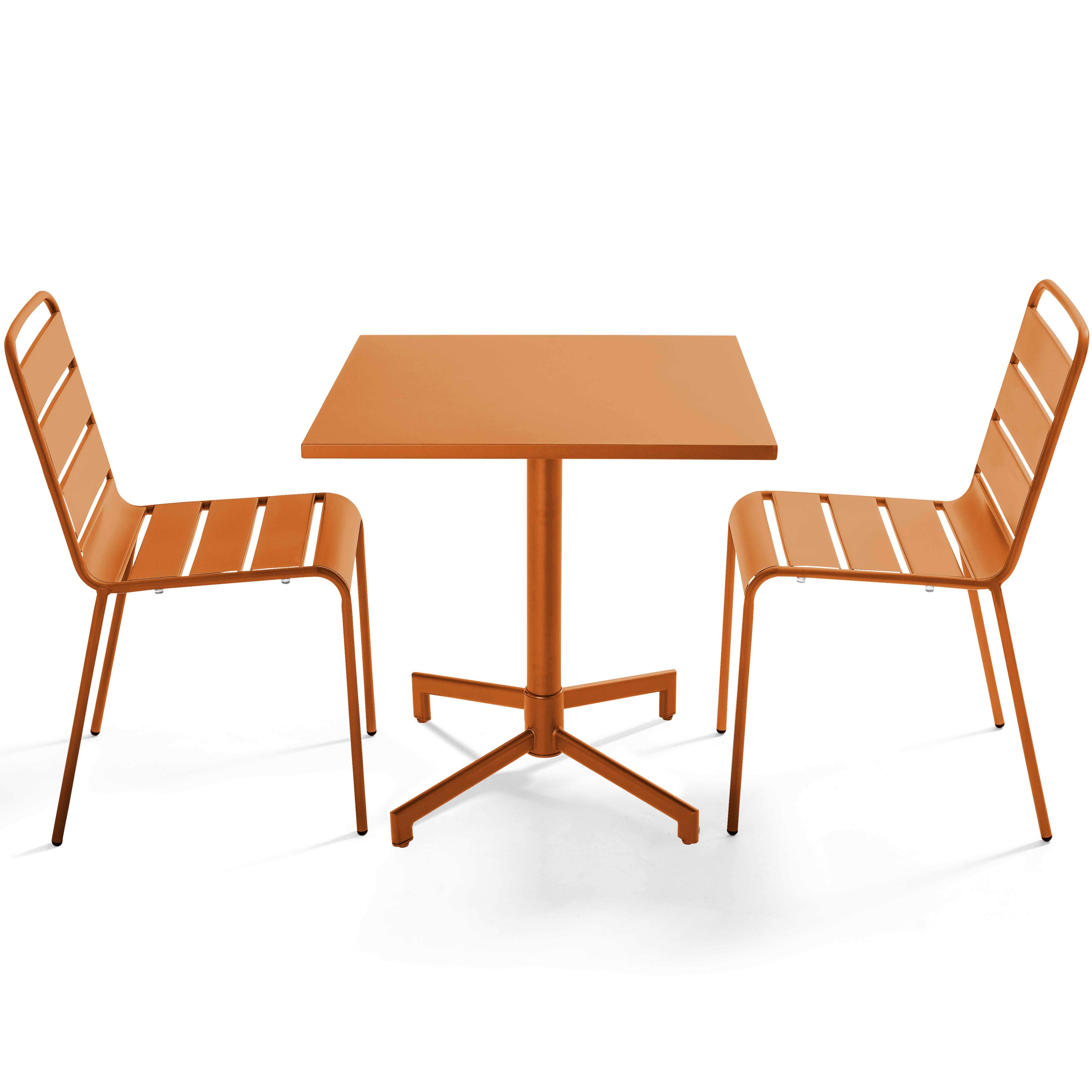 Table de terrasse de restaurant bistrot carré inclinable en métal avec pied encastrable 70x70 cm et 2 chaises