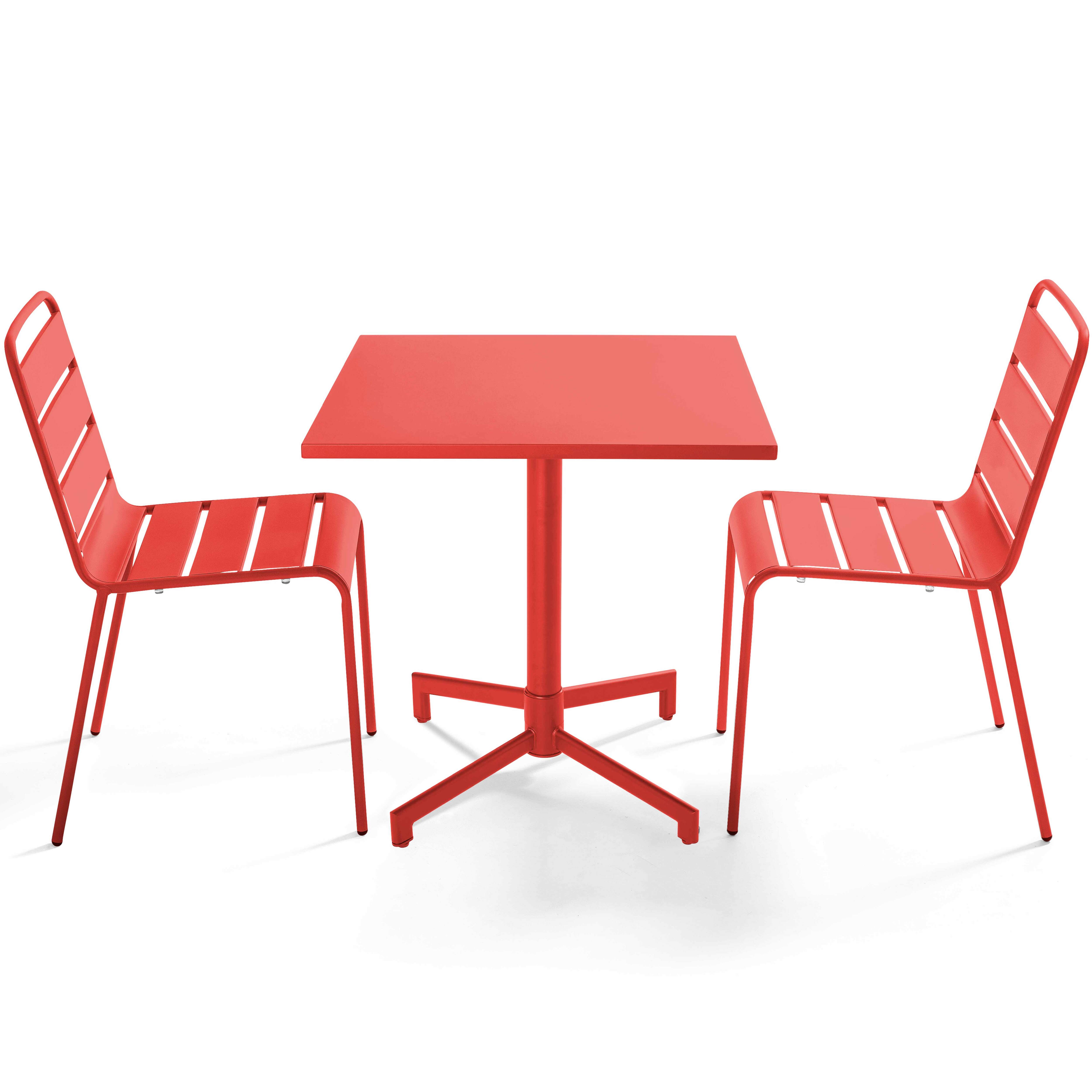 Table de terrasse de restaurant bistrot carré inclinable en métal avec pied encastrable 70x70 cm et 2 chaises