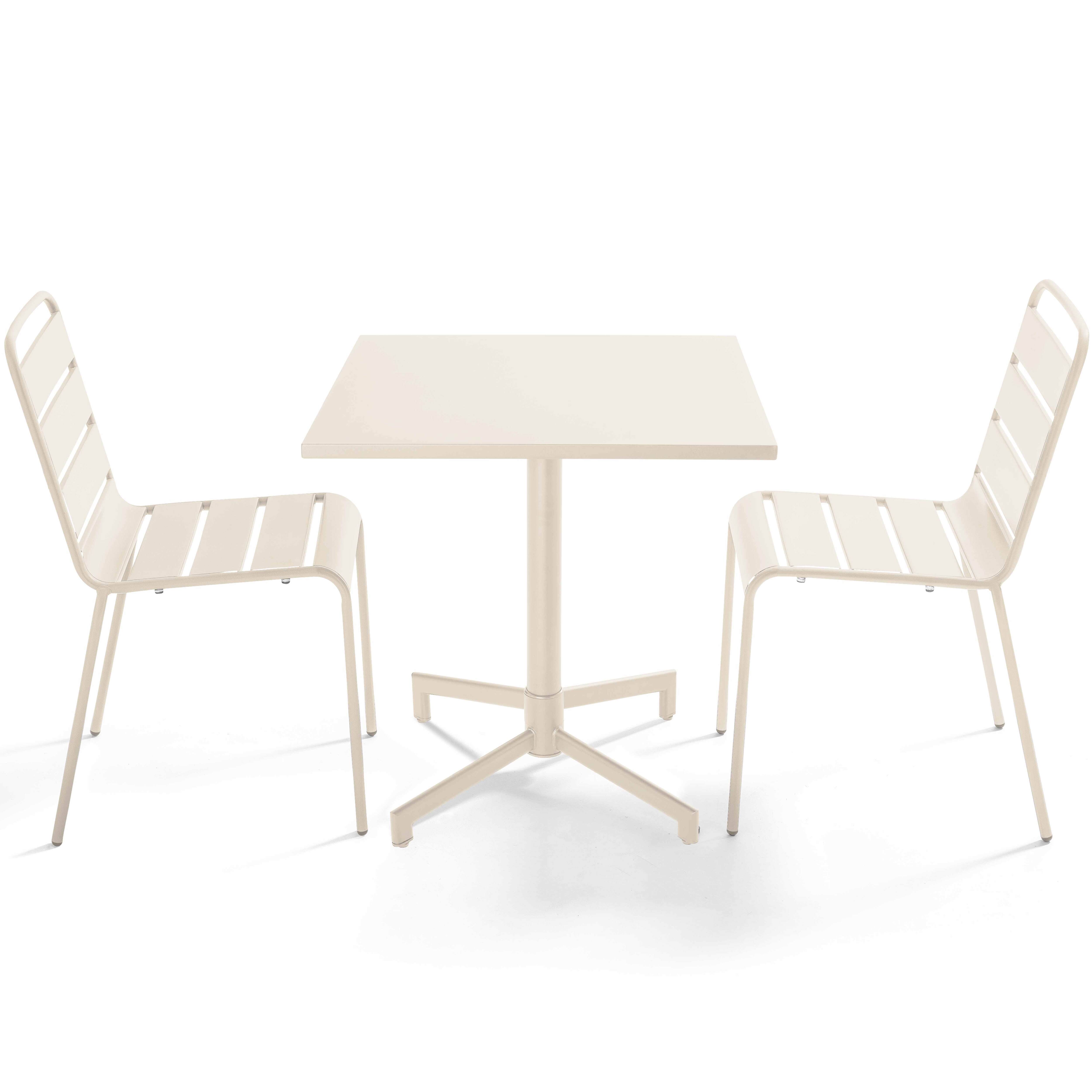Table de terrasse de restaurant bistrot carré inclinable en métal avec pied encastrable 70x70 cm et 2 chaises