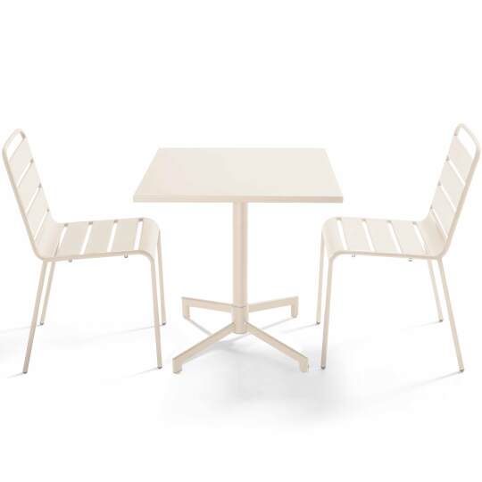 Table de terrasse de restaurant bistrot carré inclinable en métal avec pied encastrable 70x70 cm et 2 chaises | Mobeventpro