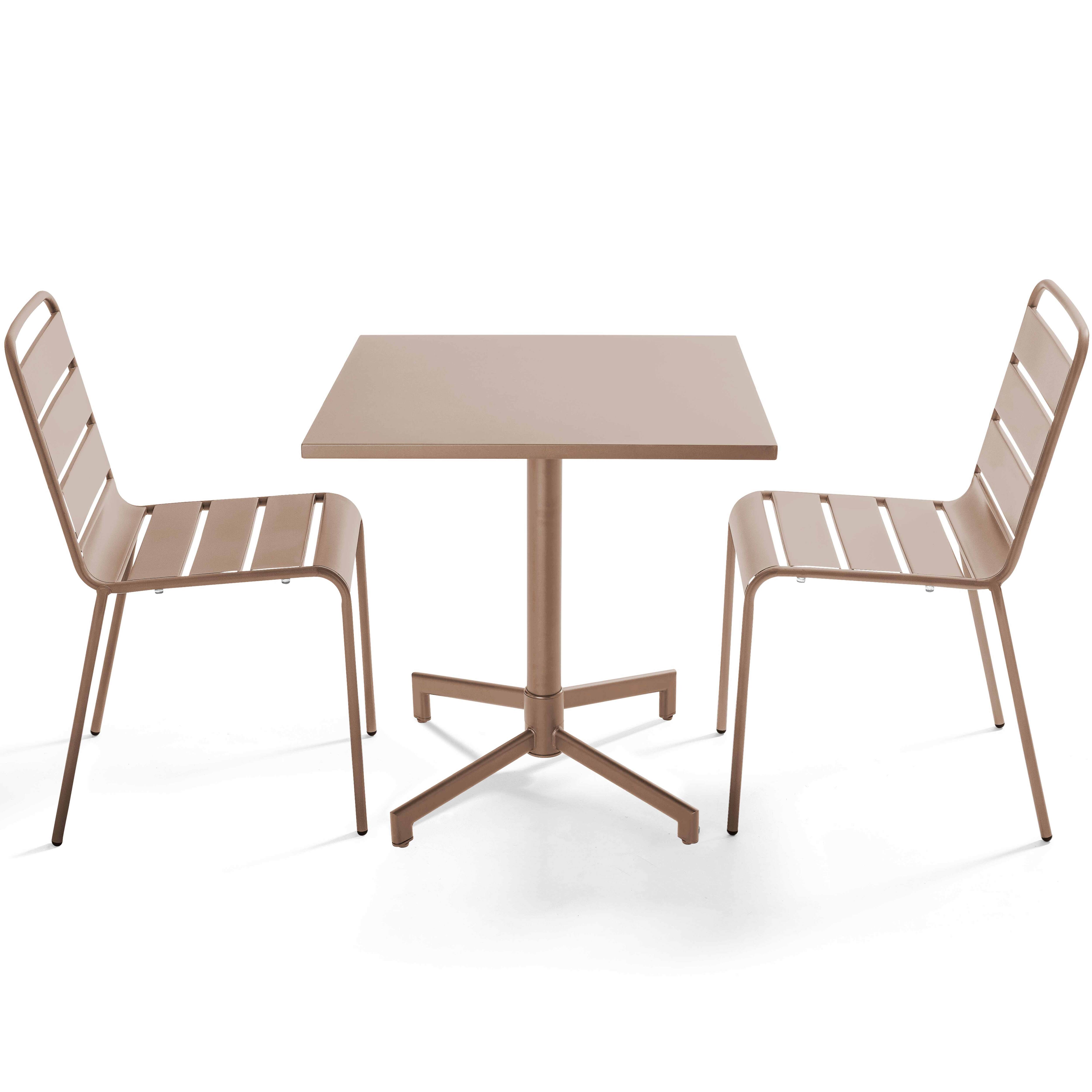 Table de terrasse de restaurant bistrot carré inclinable en métal avec pied encastrable 70x70 cm et 2 chaises