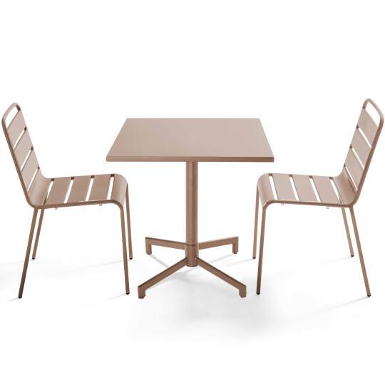 Table de terrasse de restaurant bistrot carré inclinable en métal avec pied encastrable 70x70 cm et 2 chaises | Mobeventpro
