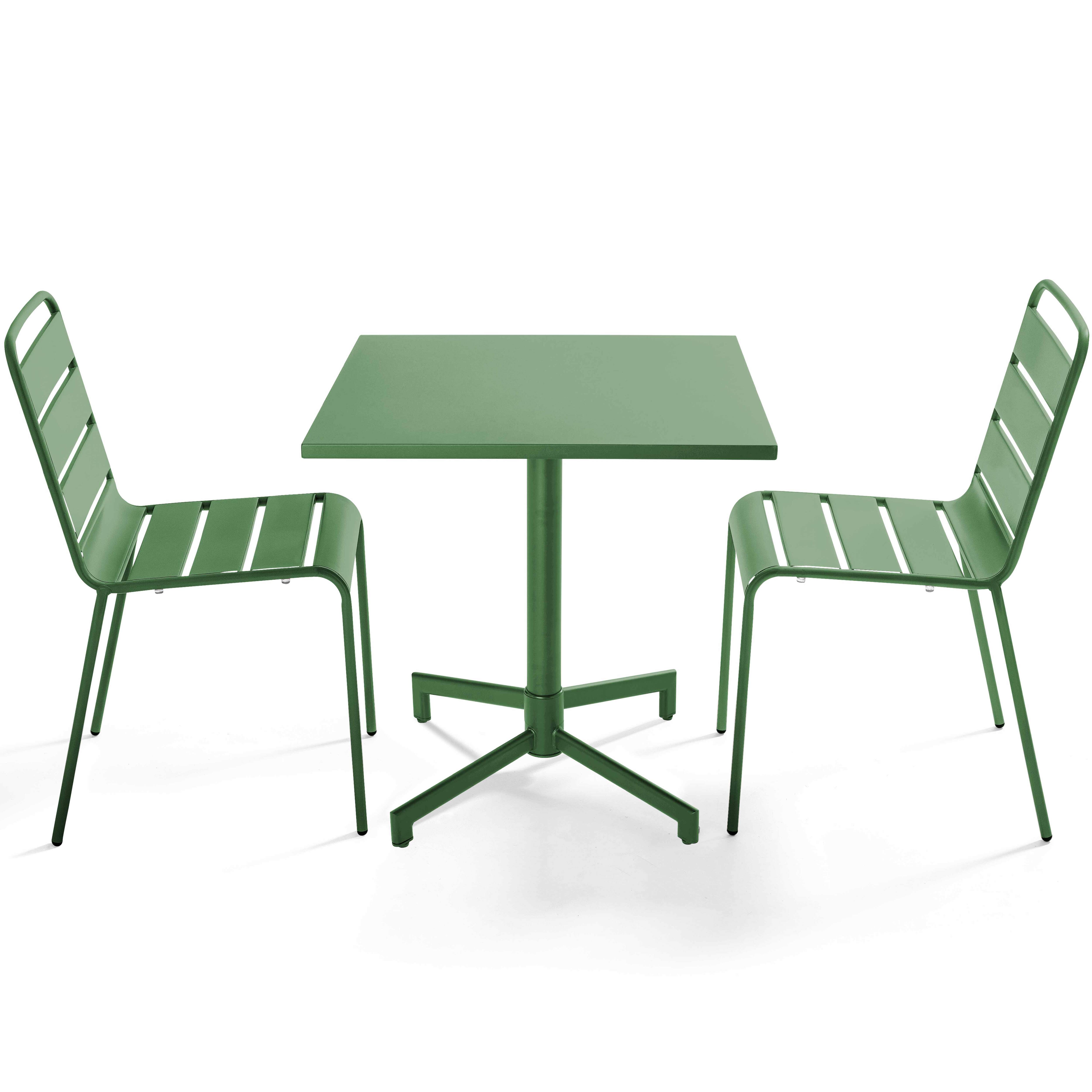 Table de terrasse de restaurant bistrot carré inclinable en métal avec pied encastrable 70x70 cm et 2 chaises