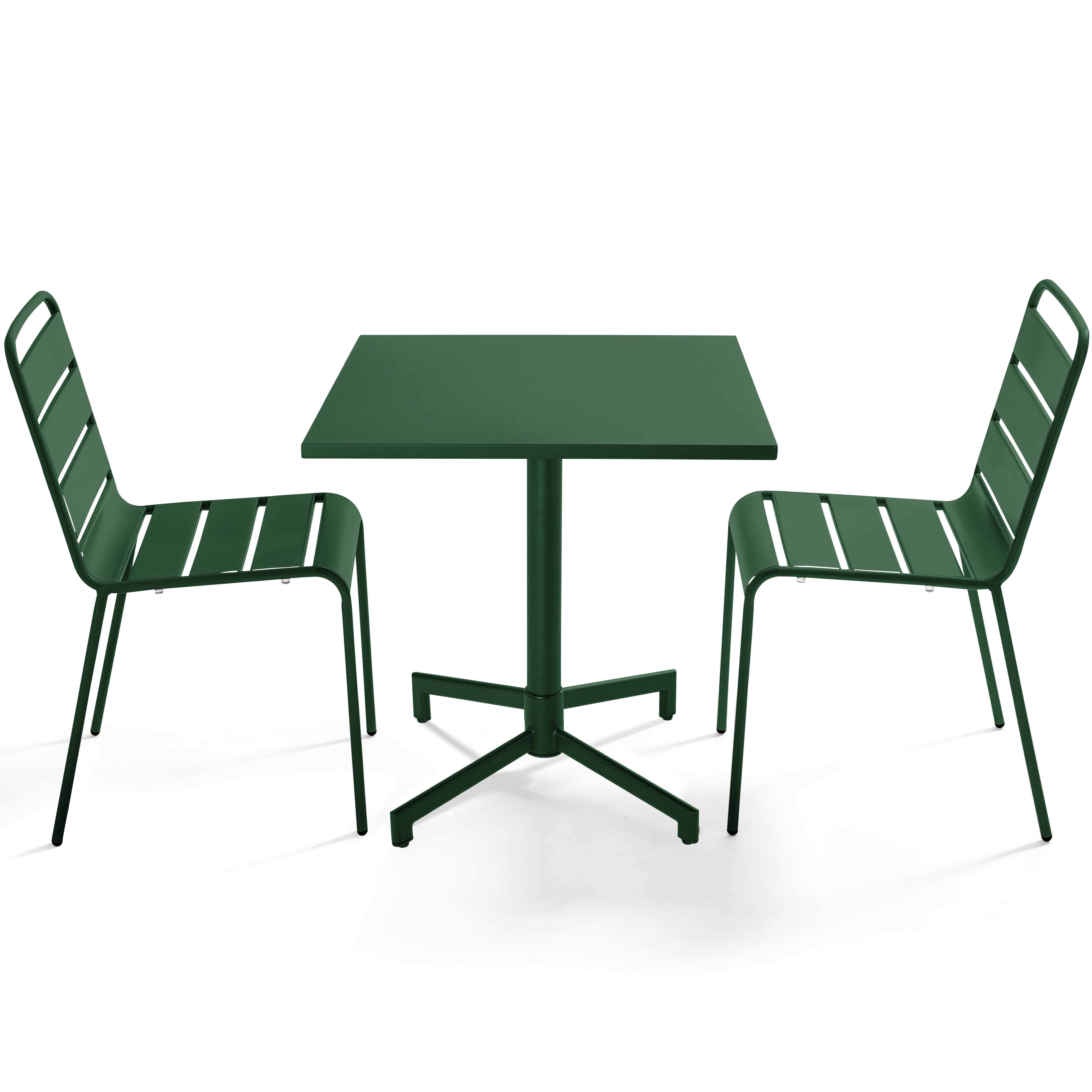 Table de terrasse de restaurant bistrot carré inclinable en métal avec pied encastrable 70x70 cm et 2 chaises