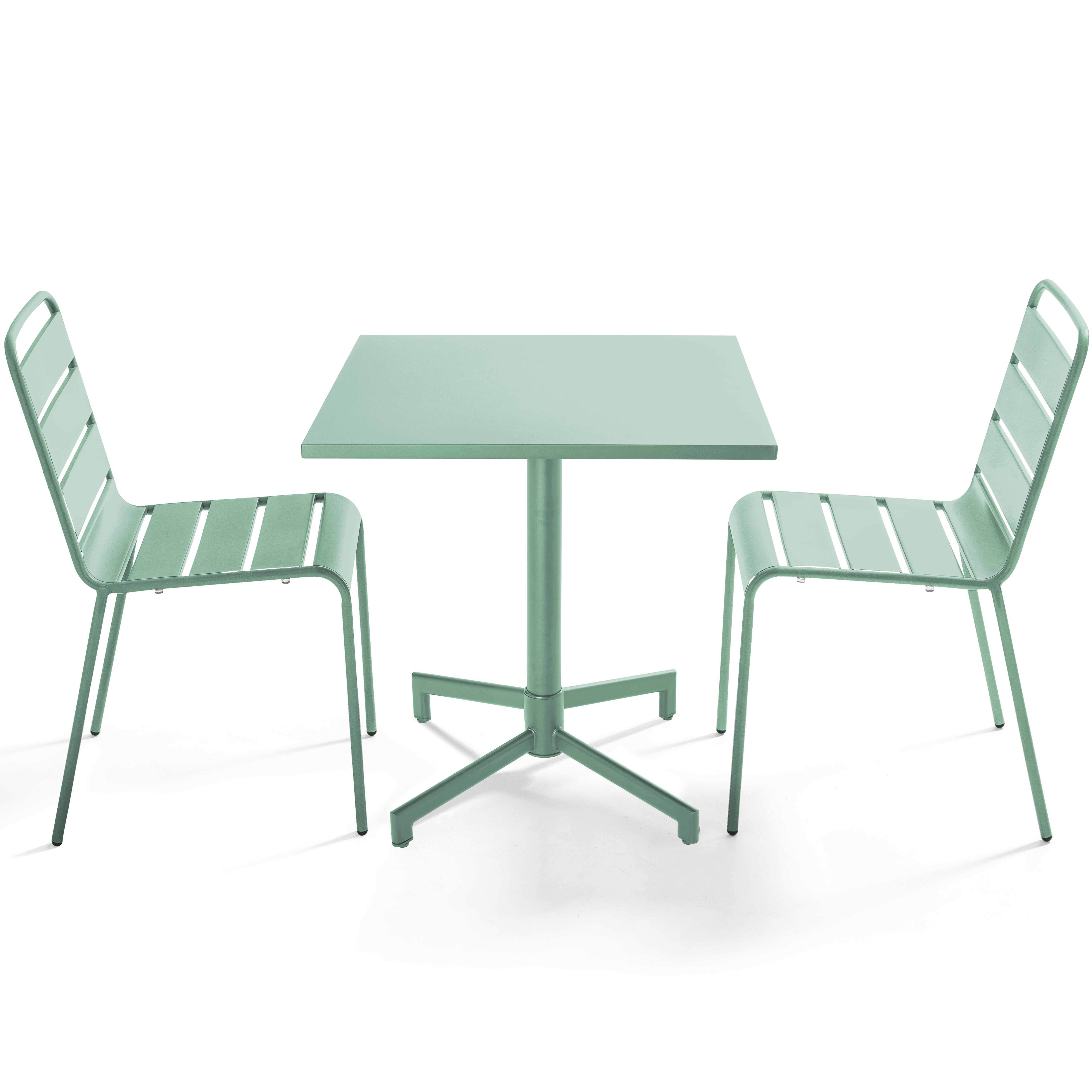 Table de terrasse de restaurant bistrot carré inclinable en métal avec pied encastrable 70x70 cm et 2 chaises