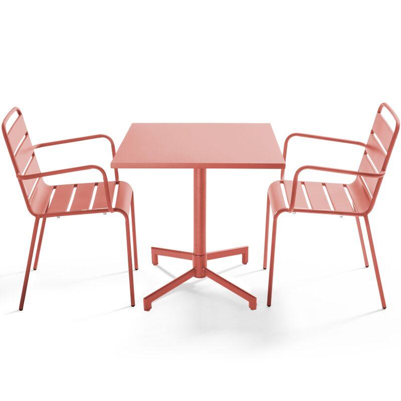Table de terrasse de restaurant bistrot carrée inclinable en métal avec pied encastrable 70x70 cm et 2 chaises avec accoudoirs