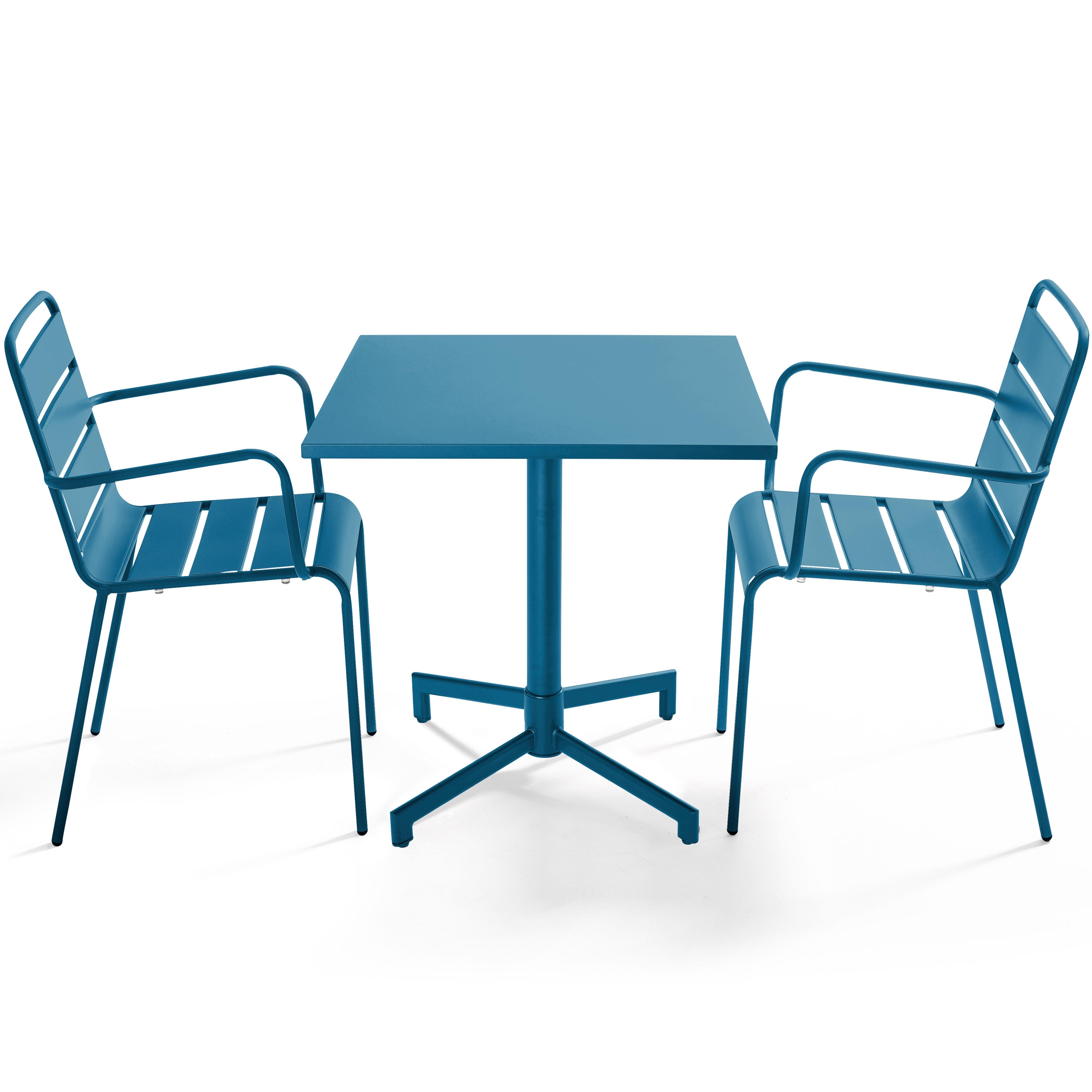 Table de terrasse de restaurant bistrot carrée inclinable en métal avec pied encastrable 70x70 cm et 2 chaises avec accoudoirs