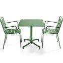 Table de terrasse de restaurant bistrot carrée inclinable en métal avec pied encastrable 70x70 cm et 2 chaises avec accoudoirs