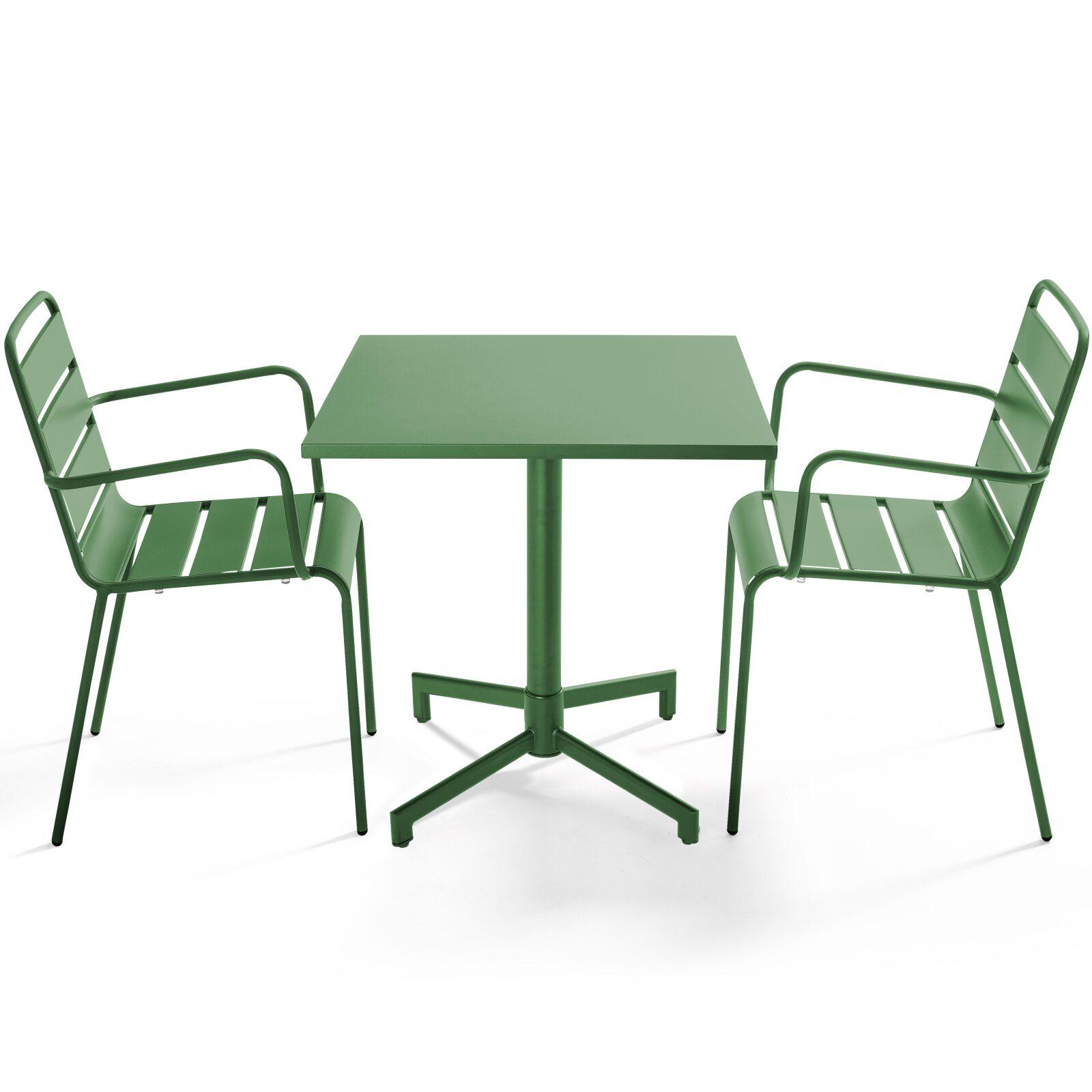 Table de terrasse de restaurant bistrot carrée inclinable en métal avec pied encastrable 70x70 cm et 2 chaises avec accoudoirs