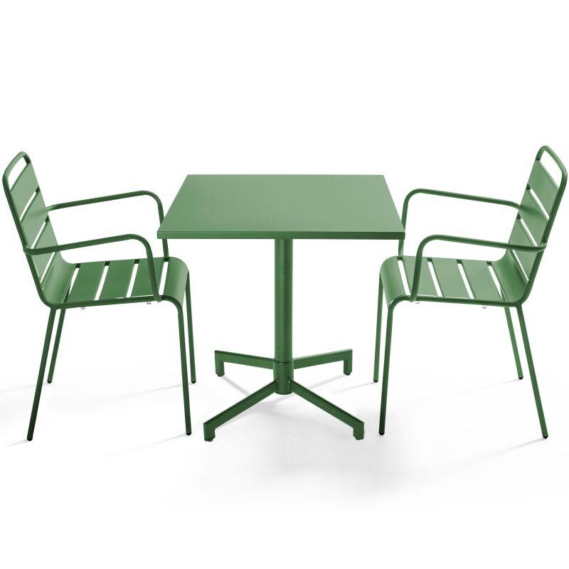 Table de terrasse de restaurant bistrot carrée inclinable en métal avec pied encastrable 70x70 cm et 2 chaises avec accoudoirs