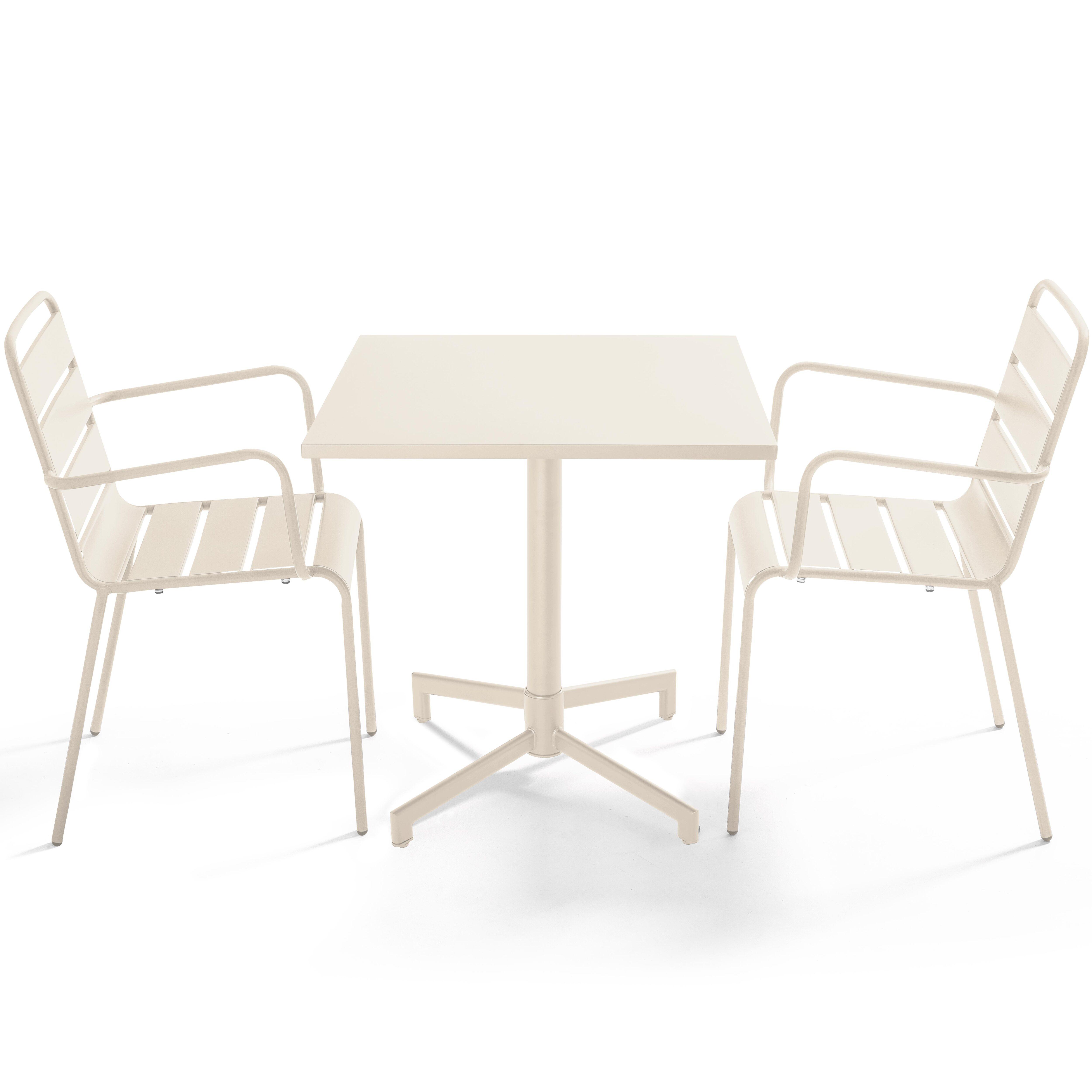 Table de terrasse de restaurant bistrot carrée inclinable en métal avec pied encastrable 70x70 cm et 2 chaises avec accoudoirs