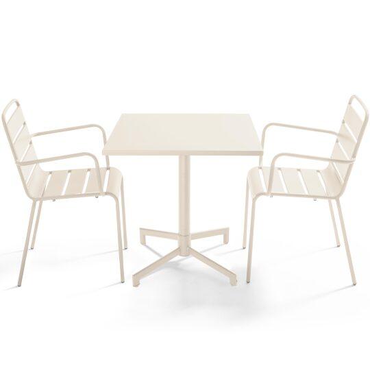 Table de terrasse de restaurant bistrot carrée inclinable en métal avec pied encastrable 70x70 cm et 2 chaises avec accoudoirs |