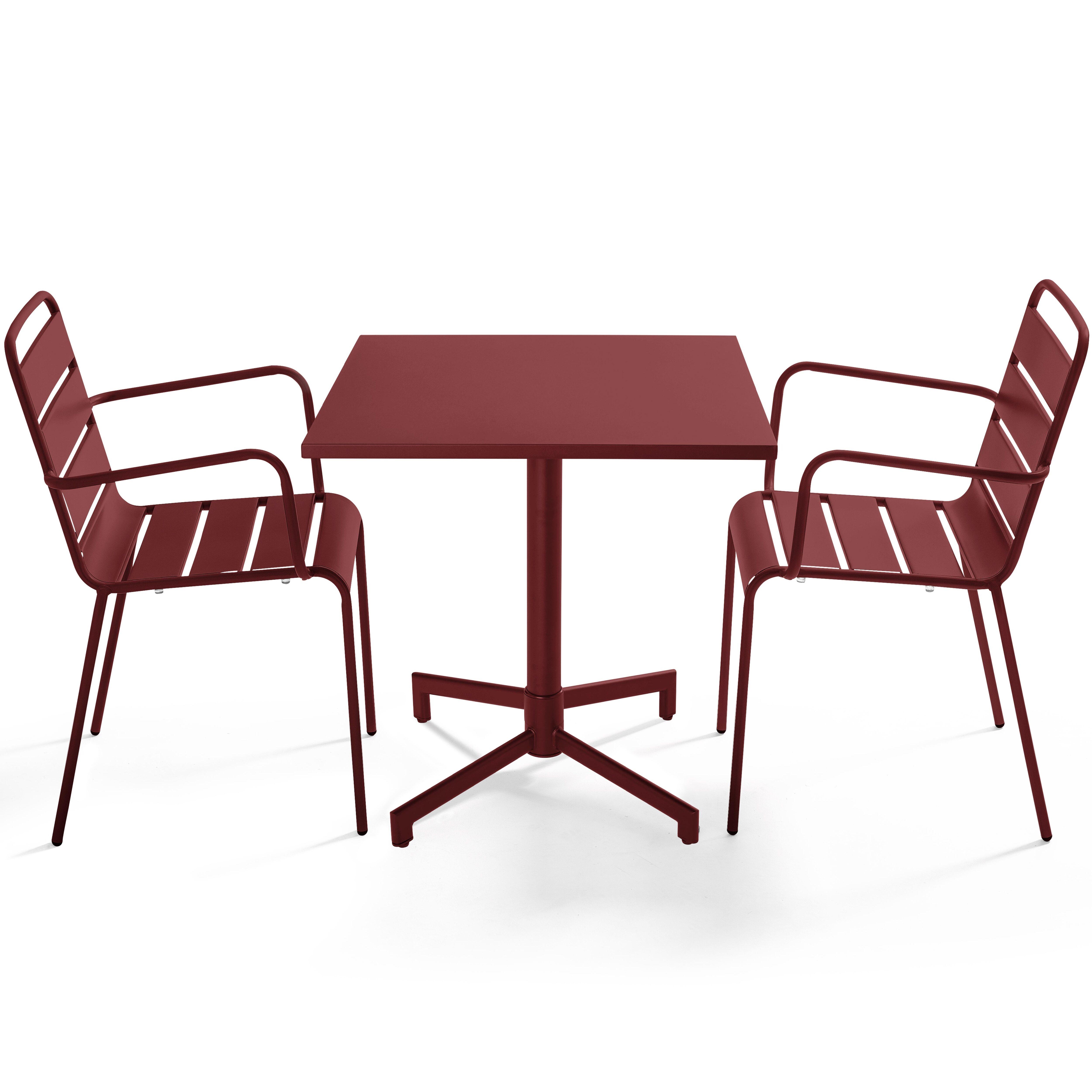 Table de terrasse de restaurant bistrot carrée inclinable en métal avec pied encastrable 70x70 cm et 2 chaises avec accoudoirs