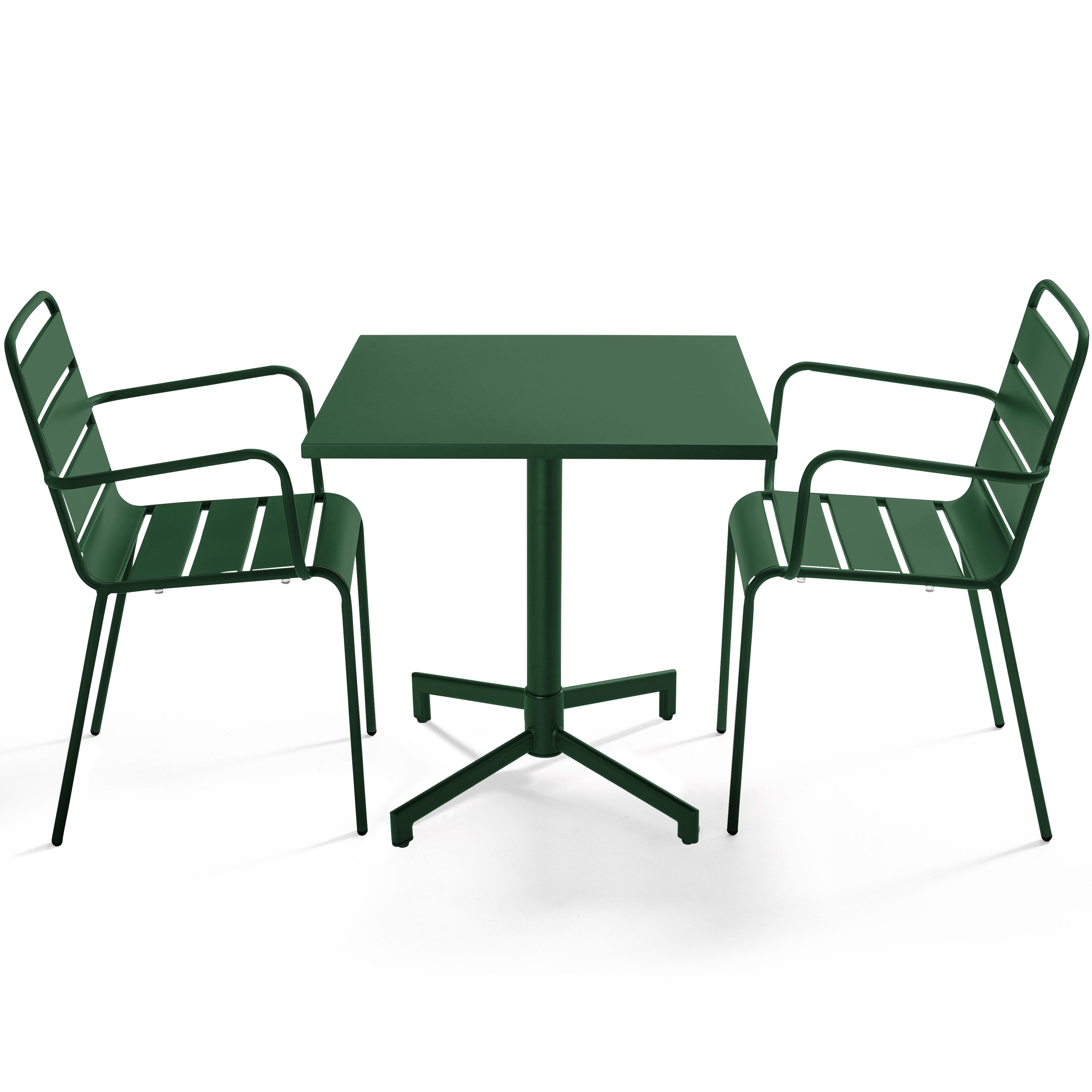 Table de terrasse de restaurant bistrot carrée inclinable en métal avec pied encastrable 70x70 cm et 2 chaises avec accoudoirs