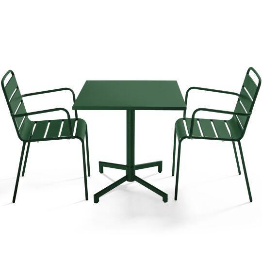 Table de terrasse de restaurant bistrot carrée inclinable en métal avec pied encastrable 70x70 cm et 2 chaises avec accoudoirs