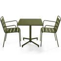 Table de terrasse de restaurant bistrot carrée inclinable en métal avec pied encastrable 70x70 cm et 2 chaises avec accoudoirs