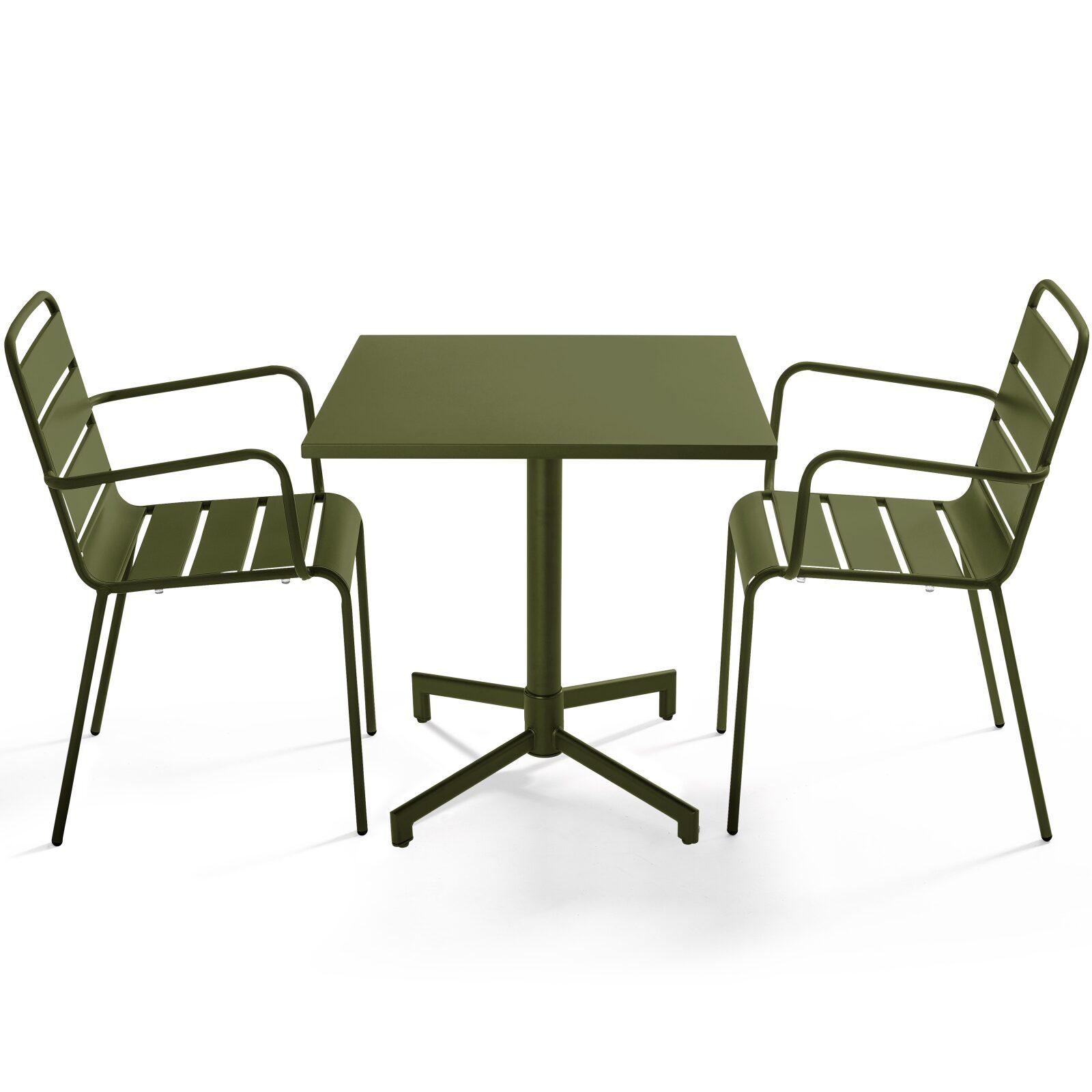 Table de terrasse de restaurant bistrot carrée inclinable en métal avec pied encastrable 70x70 cm et 2 chaises avec accoudoirs