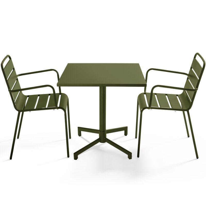 Table de terrasse de restaurant bistrot carrée inclinable en métal avec pied encastrable 70x70 cm et 2 chaises avec accoudoirs