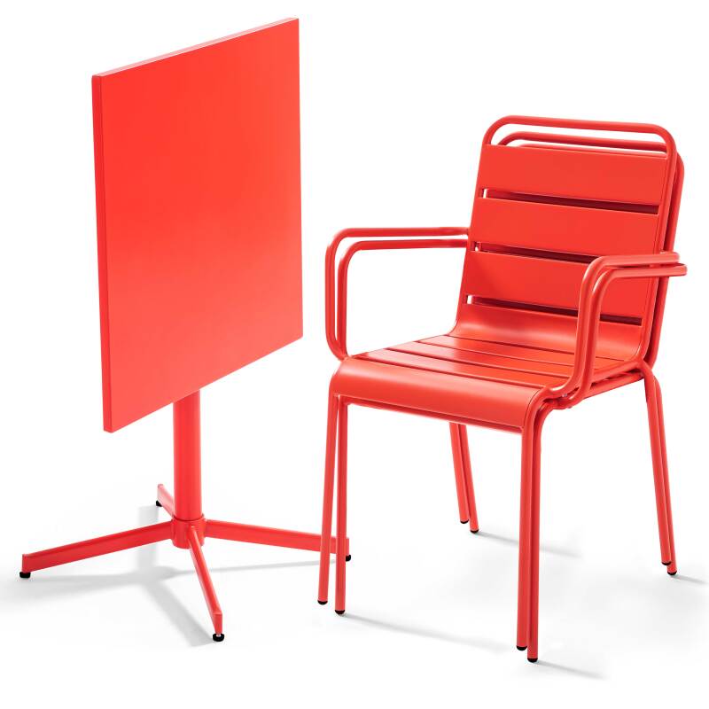 Table de terrasse de restaurant bistrot carrée inclinable en métal 70x70 cm et 2 chaises avec accoudoirs