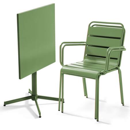 Table de terrasse de restaurant bistrot carrée inclinable en métal 70x70 cm et 2 chaises avec accoudoirs