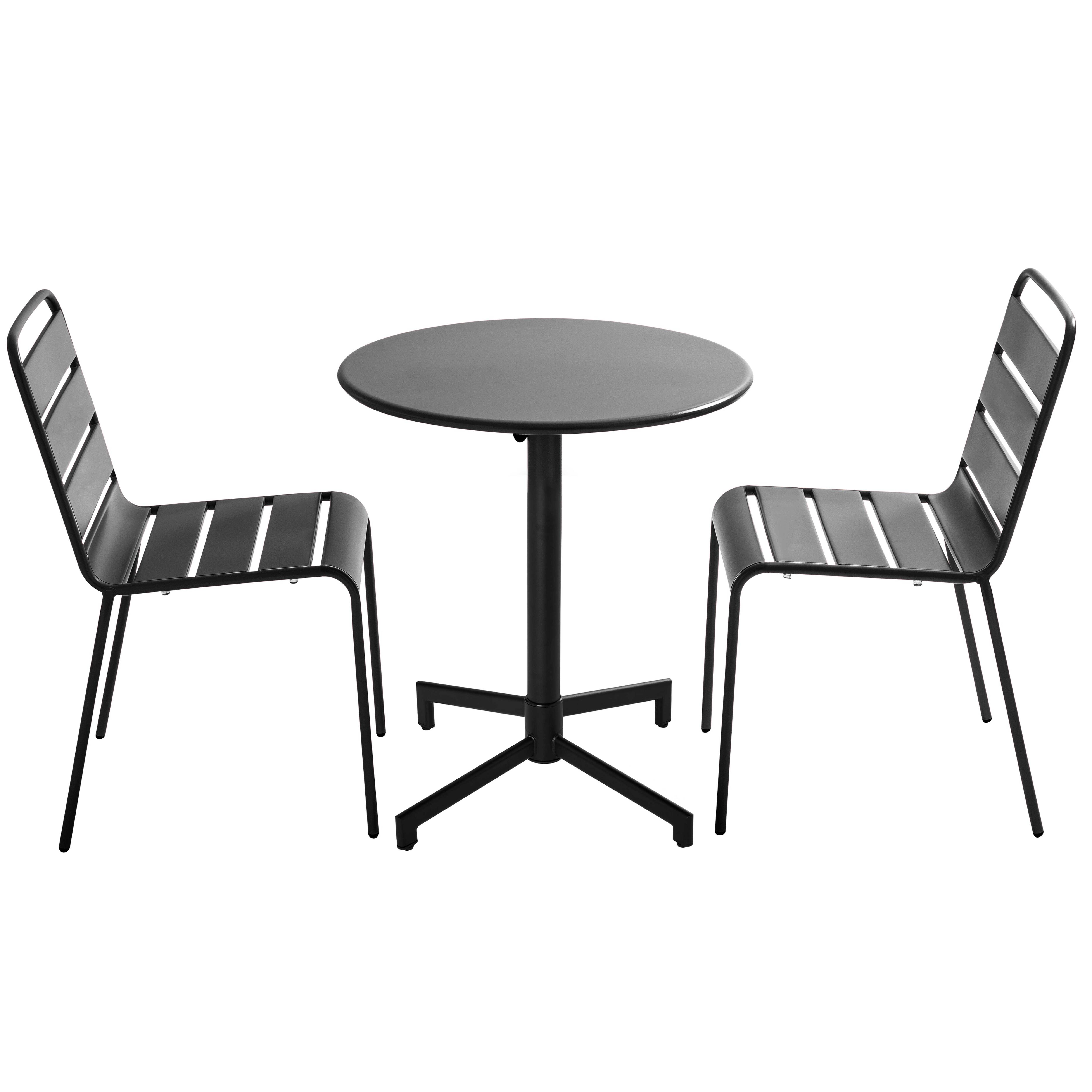 Table de terrasse de restaurant bistrot ronde inclinable en métal avec pied encastrable 70x70 cm et 2 chaises