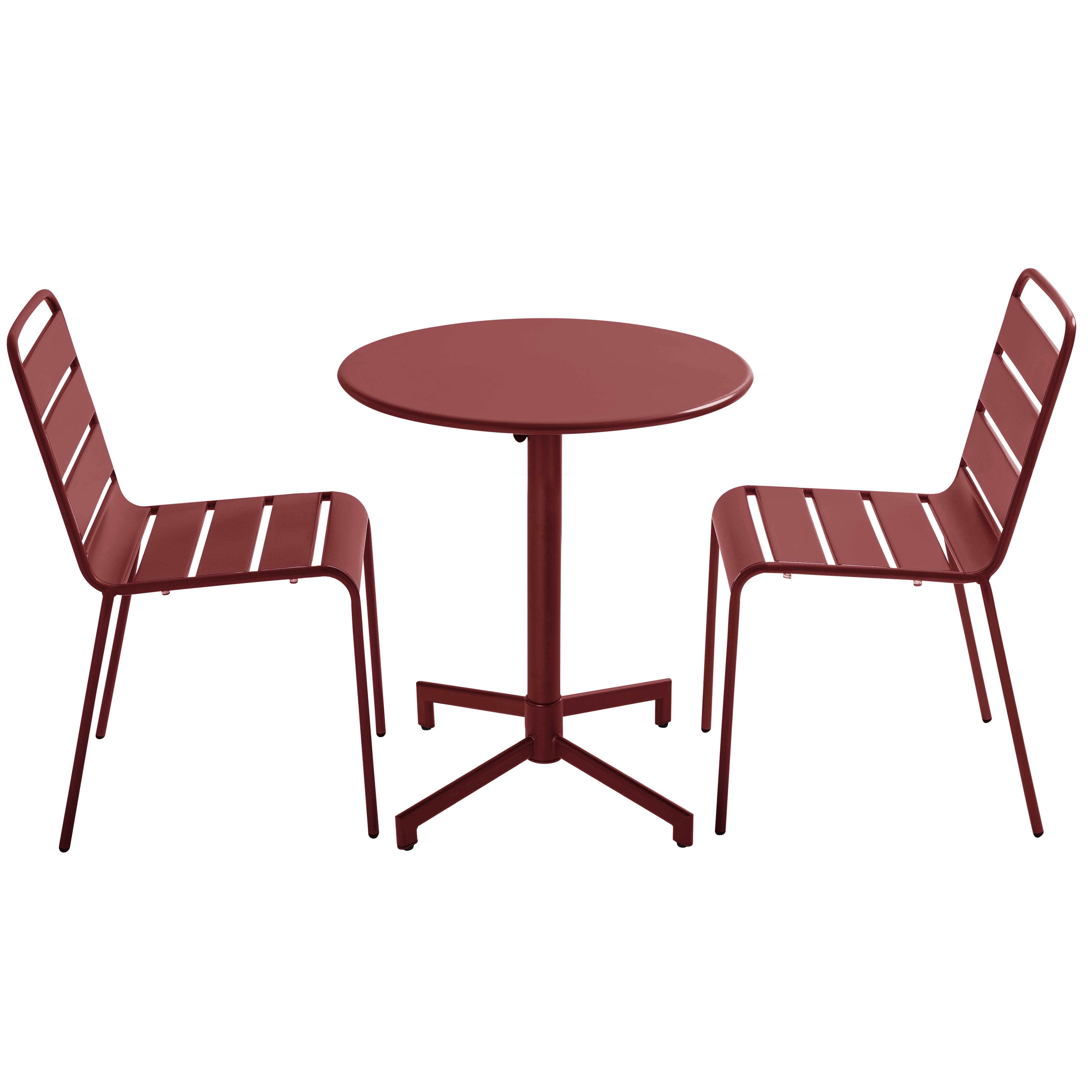 Table de terrasse de restaurant bistrot ronde inclinable en métal avec pied encastrable 70x70 cm et 2 chaises