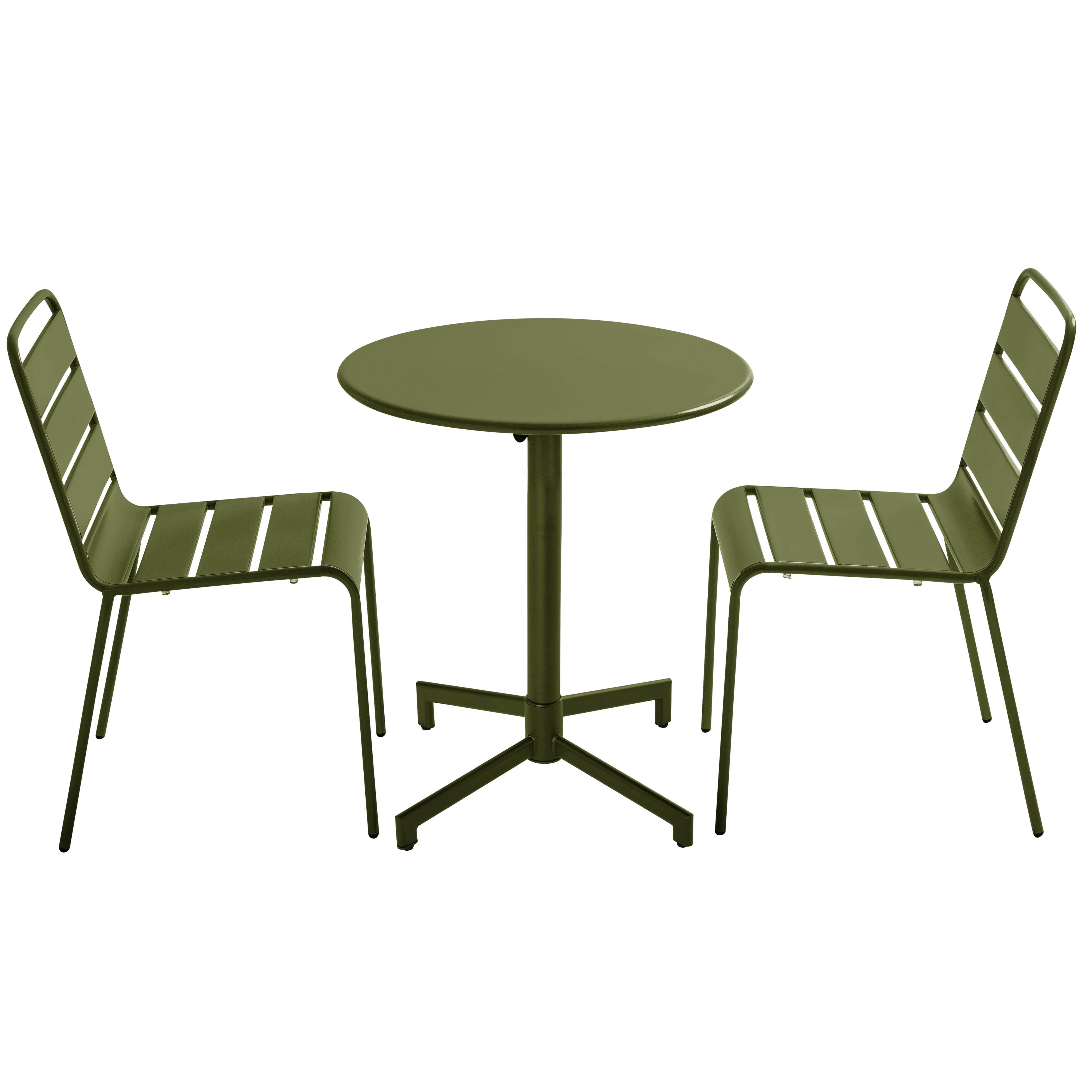 Table de terrasse de restaurant bistrot ronde inclinable en métal avec pied encastrable 70x70 cm et 2 chaises