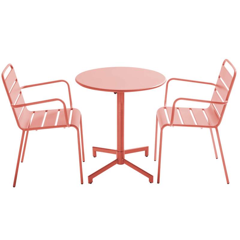 Table de terrasse bistrot ronde inclinable en métal avec pied encastrable 70x70 cm et 2 chaises avec accoudoirs
