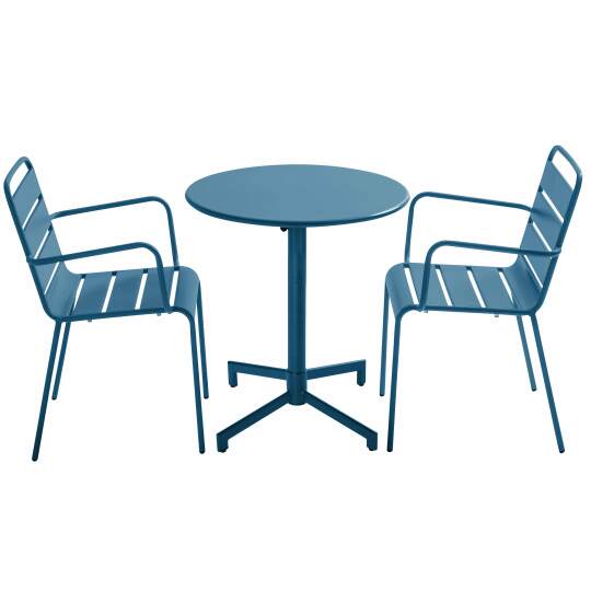 Table de terrasse bistrot ronde inclinable en métal avec pied encastrable 70x70 cm et 2 chaises avec accoudoirs | Mobeventpro