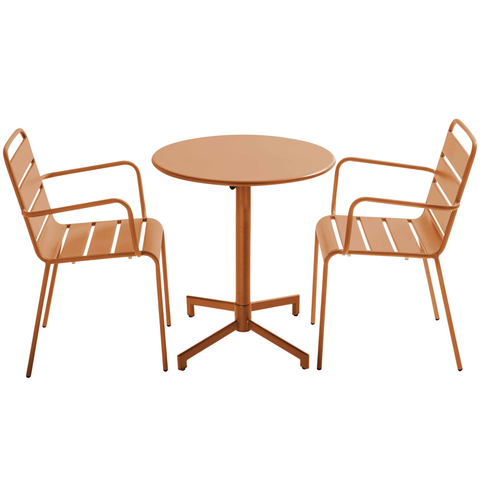 Table de terrasse bistrot ronde inclinable en métal avec pied encastrable 70x70 cm et 2 chaises avec accoudoirs
