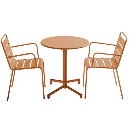 Table de terrasse bistrot ronde inclinable en métal avec pied encastrable 70x70 cm et 2 chaises avec accoudoirs | Mobeventpro