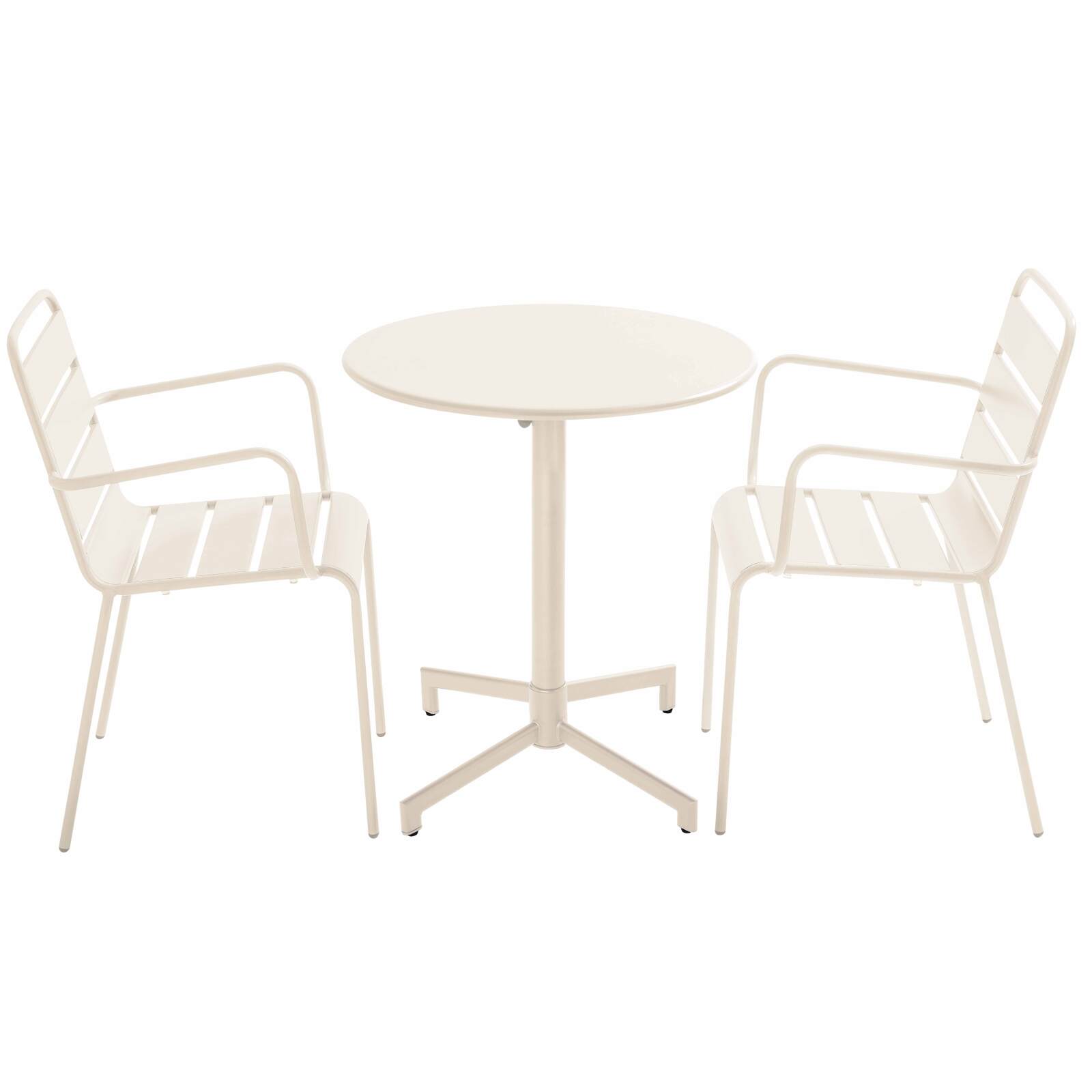 Table de terrasse bistrot ronde inclinable en métal avec pied encastrable 70x70 cm et 2 chaises avec accoudoirs