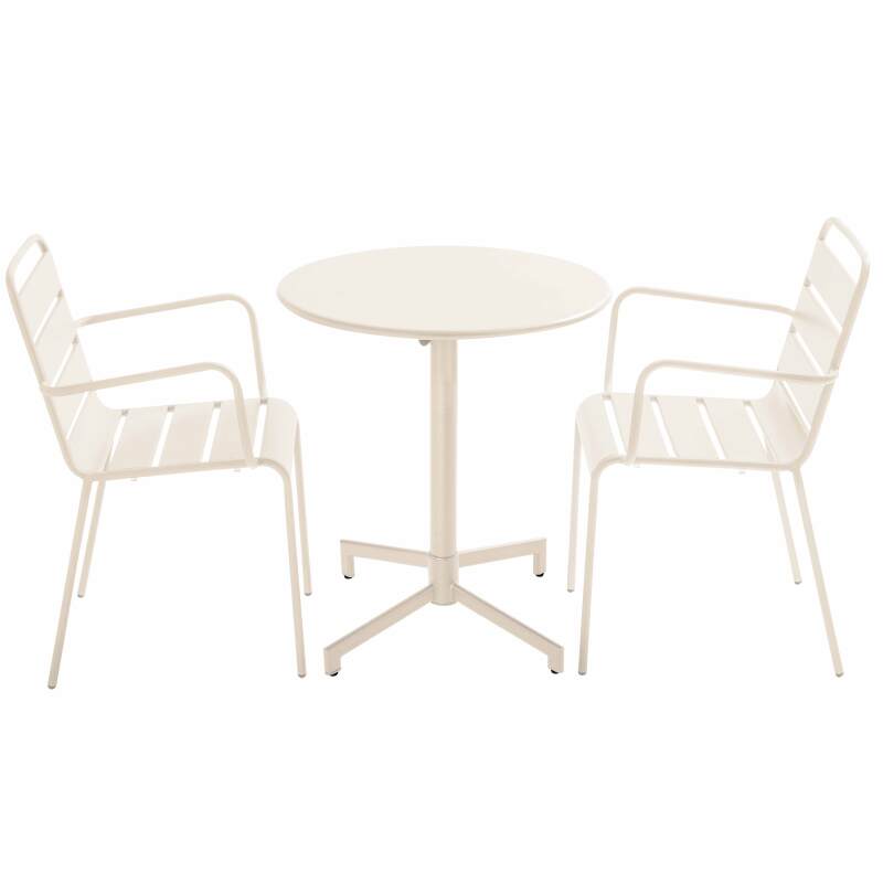 Table de terrasse bistrot ronde inclinable en métal avec pied encastrable 70x70 cm et 2 chaises avec accoudoirs