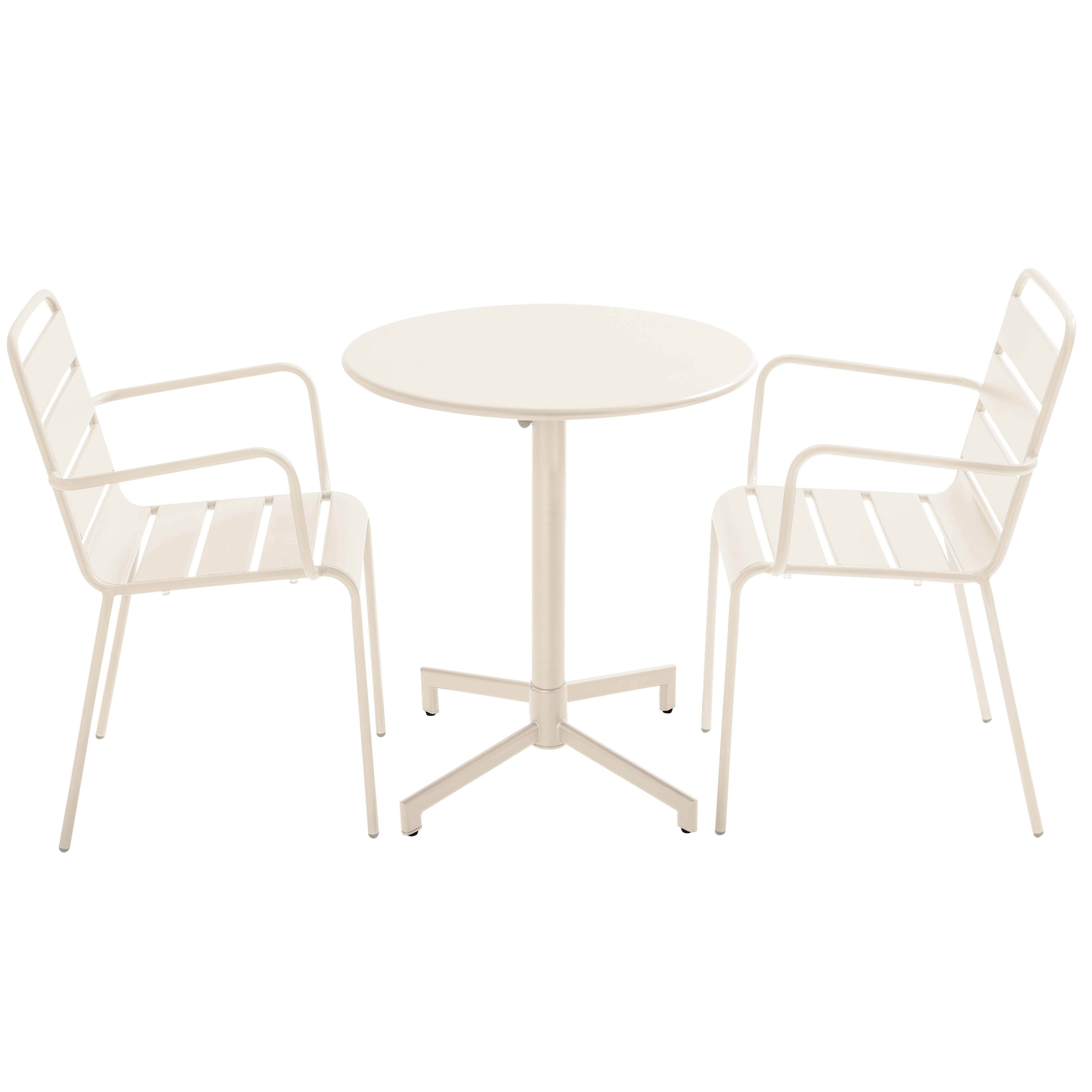 Table de terrasse bistrot ronde inclinable en métal avec pied encastrable 70x70 cm et 2 chaises avec accoudoirs