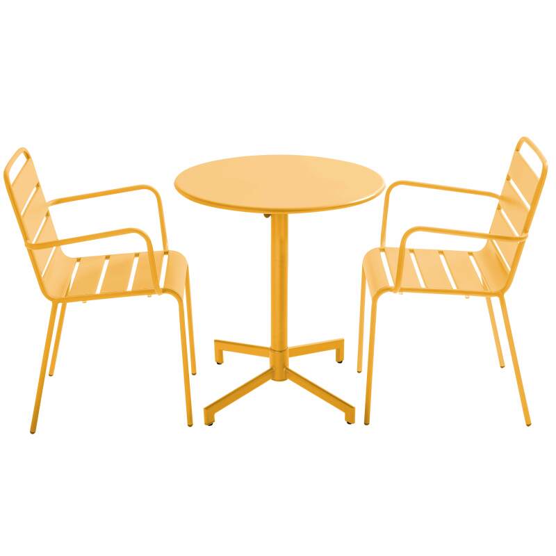 Table de terrasse bistrot ronde inclinable en métal avec pied encastrable 70x70 cm et 2 chaises avec accoudoirs
