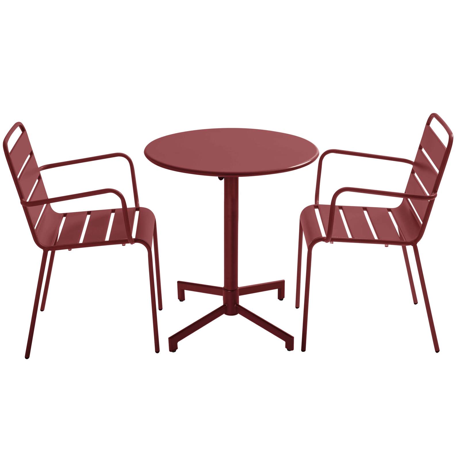 Table de terrasse bistrot ronde inclinable en métal avec pied encastrable 70x70 cm et 2 chaises avec accoudoirs