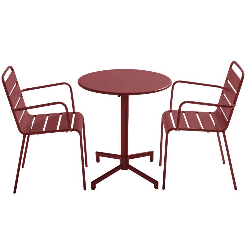 Table de terrasse bistrot ronde inclinable en métal avec pied encastrable 70x70 cm et 2 chaises avec accoudoirs
