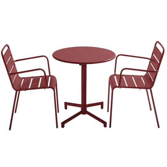Table de terrasse bistrot ronde inclinable en métal avec pied encastrable 70x70 cm et 2 chaises avec accoudoirs | Mobeventpro