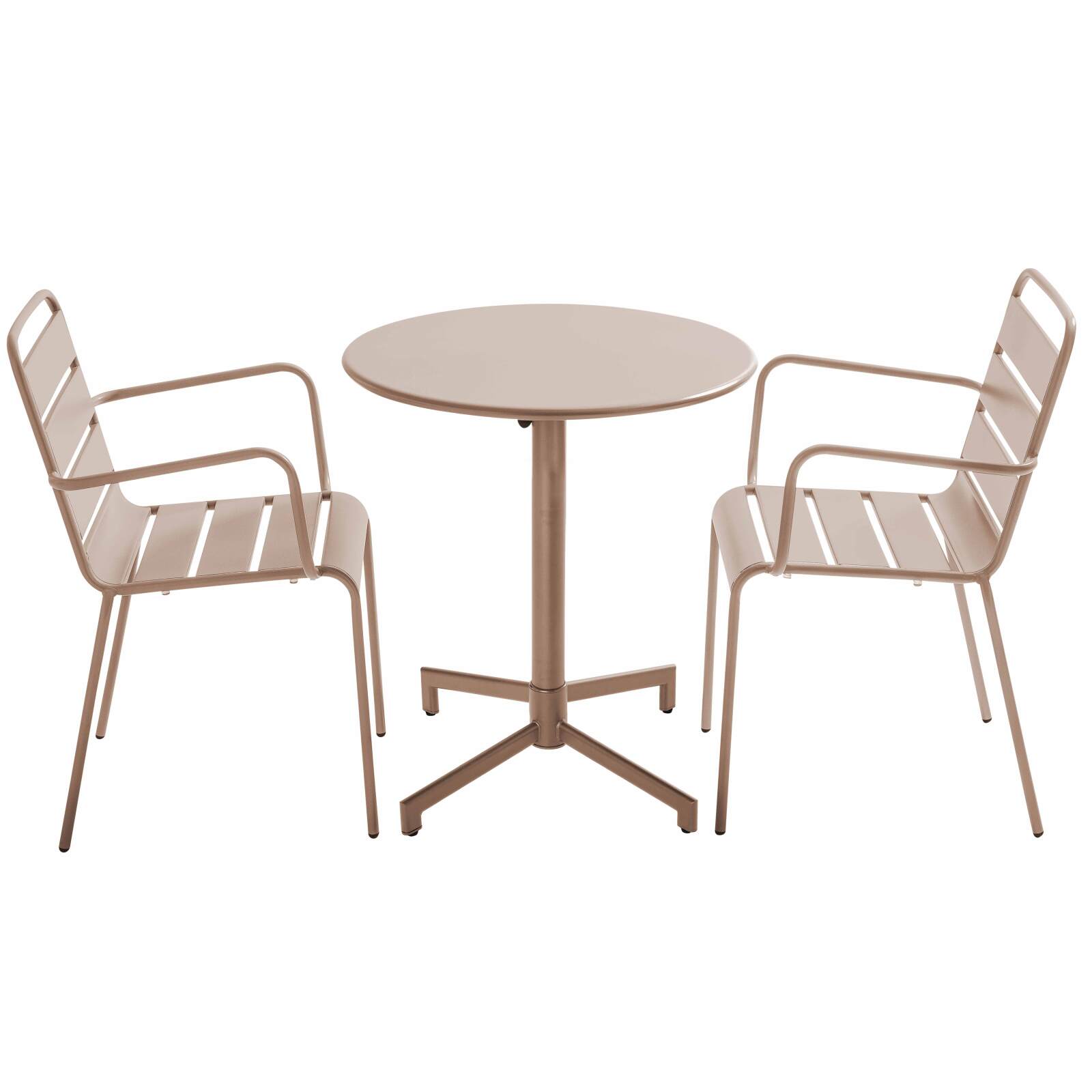 Table de terrasse bistrot ronde inclinable en métal avec pied encastrable 70x70 cm et 2 chaises avec accoudoirs