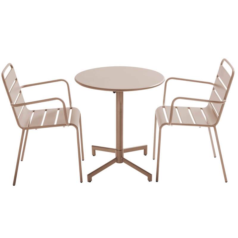 Table de terrasse bistrot ronde inclinable en métal avec pied encastrable 70x70 cm et 2 chaises avec accoudoirs