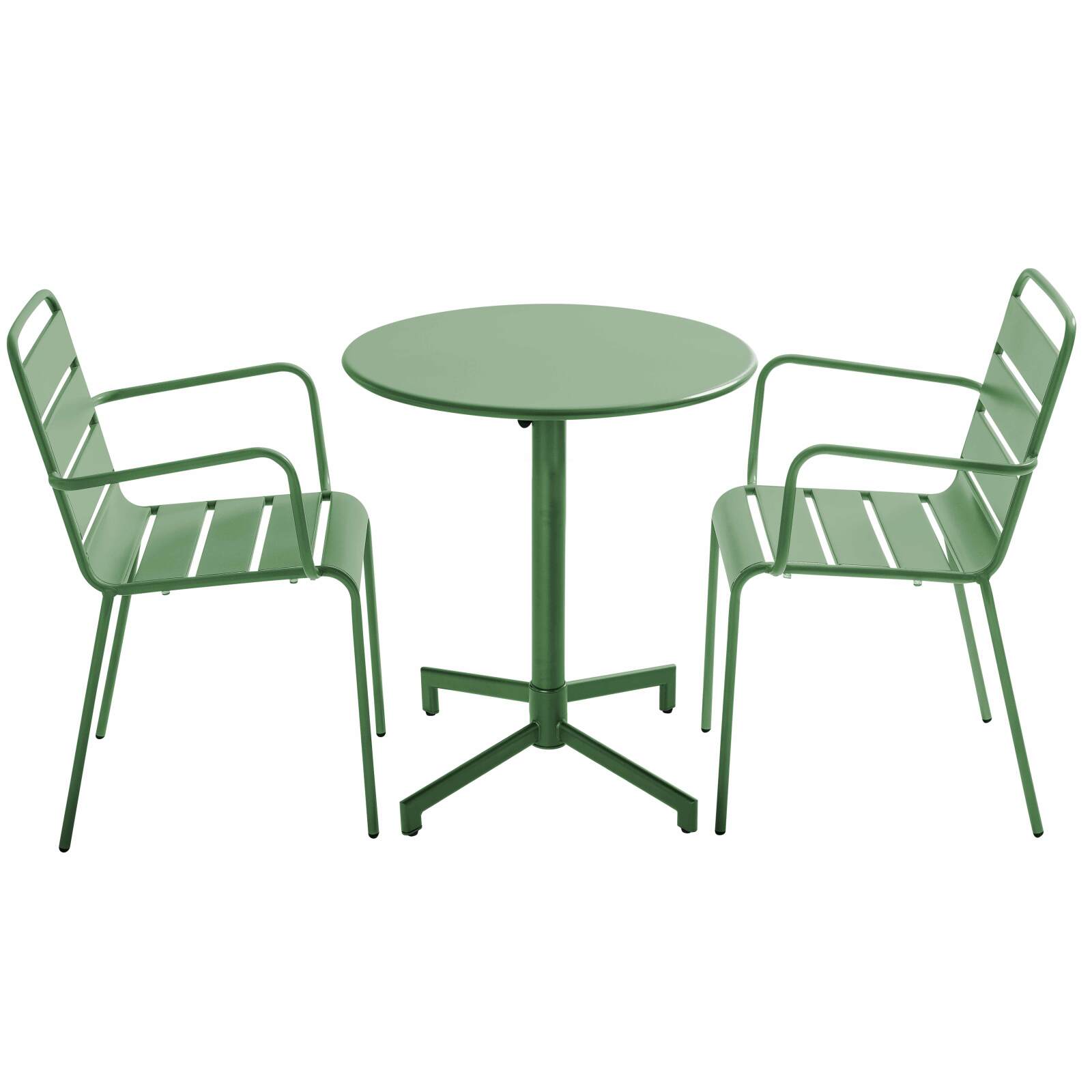 Table de terrasse bistrot ronde inclinable en métal avec pied encastrable 70x70 cm et 2 chaises avec accoudoirs
