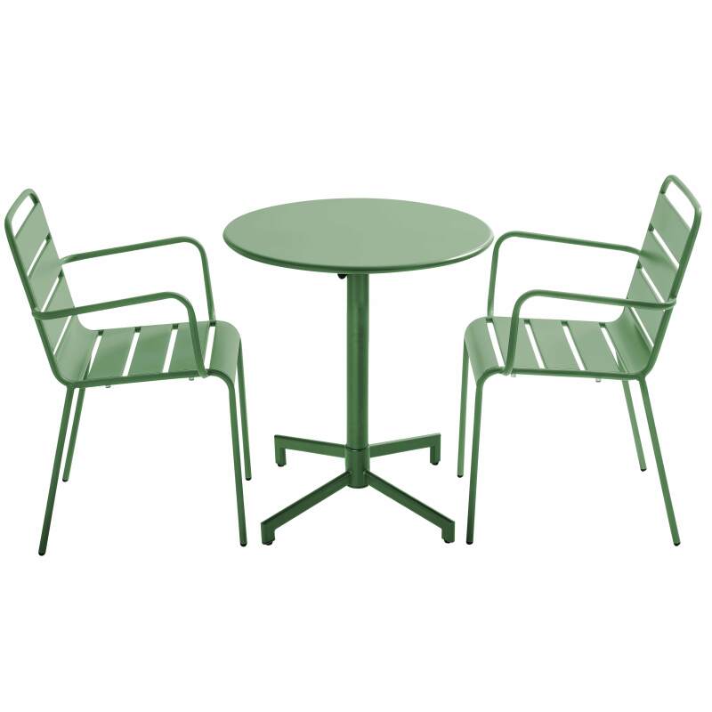 Table de terrasse bistrot ronde inclinable en métal avec pied encastrable 70x70 cm et 2 chaises avec accoudoirs